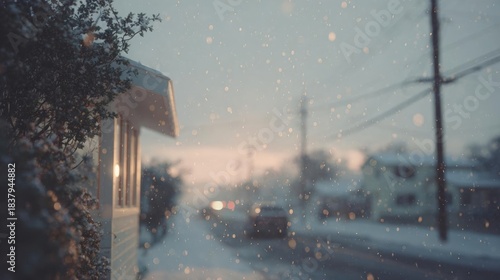 Fototapeta Naklejka Na Ścianę i Meble -  Landscape photograph of a snowy street. the sky is blue and the sun is setting, casting a warm glow over the scene. the street is covered in snow and there are cars driving on it.