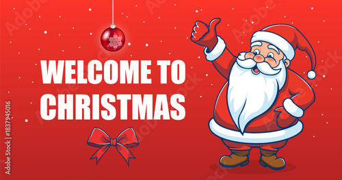 Vector cute funny plump cartoon Santa Claus with raised hand and thumb up. Snow and snowflake. Fairytale mythical holiday character. Welcome to Christmas. Greeting card or flyer