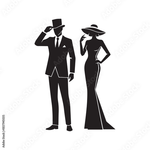 Silhouette of elegant vintage couple. Gentleman in suit tipping top hat and lady in long gown with wide brim hat. Classic black and white fashion vector illustration isolated on background.
