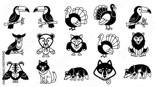 Black and white animal cartoon illustrations on white background