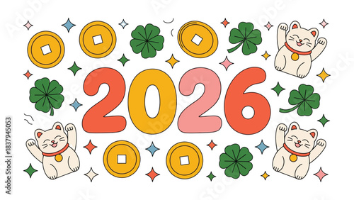Year 2026: An illustration featuring a vibrant display of the new year, embracing elements of good fortune, charm, and celebration. The image features a festive array of lucky cats, coins.