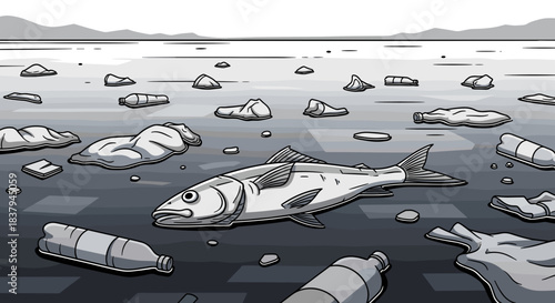 Fish floating among plastic waste in polluted water  