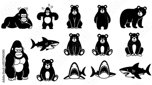 Black and white cartoon illustrations of gorilla bear and shark animals