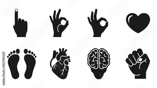 Black and white icons of hands body parts and heart symbol