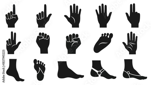 Black silhouette hand and foot gestures set for various communication