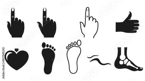 Black and white icons of hands fingers footprints and human anatomy