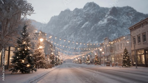Fototapeta Naklejka Na Ścianę i Meble -  Beautiful winter scene of a snowy street in a small town. the street is lined with buildings on both sides, each with a row of christmas trees decorated with lights.