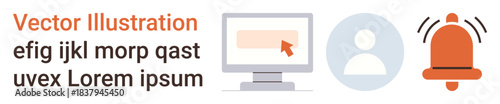 UI design, tech interfaces, digital communication, notifications, user interaction, online alerts. Computer, user icon notification bell. UI design and tech interfaces