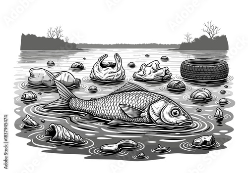 Polluted river scene with dead fish and garbage in water  