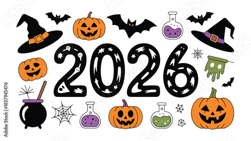 Halloween 2026 Celebration: A captivating visual with pumpkins, bats, witch hats, and bubbling potions set the stage for a memorable Halloween celebration in 2026.