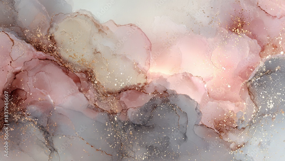 Fototapeta premium Abstract flowing watercolor design with pink, gray, gold, and white merging elements