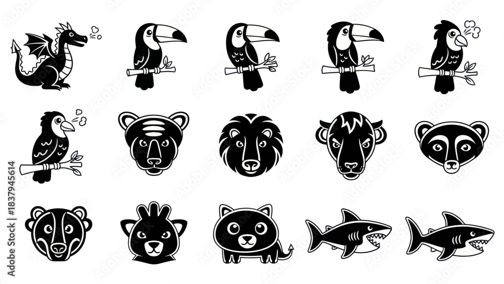 Naklejka premium Black and white animal cartoon illustrations with varied wildlife designs
