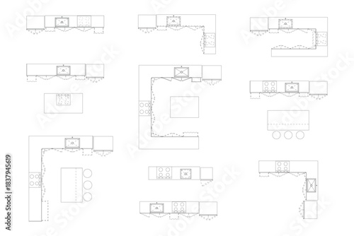 Detailed Architectural Kitchen Layouts Set