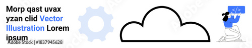 Cloud computing, technology services, software development, coding, infrastructure, innovation. A cloud icon, gear symbol and person with coding design. Cloud computing and technology services