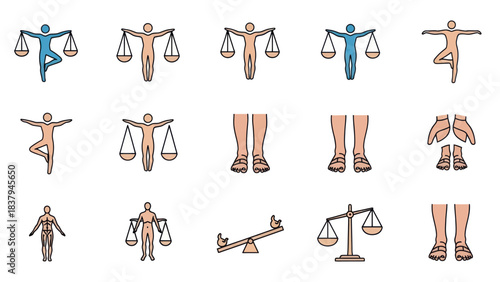 Balance and justice icon set human figures with scales illustration