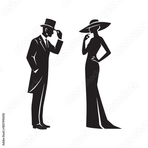 Silhouette of elegant vintage couple. Gentleman in suit tipping top hat and lady in long gown with wide brim hat. Classic black and white fashion vector illustration isolated on background.
