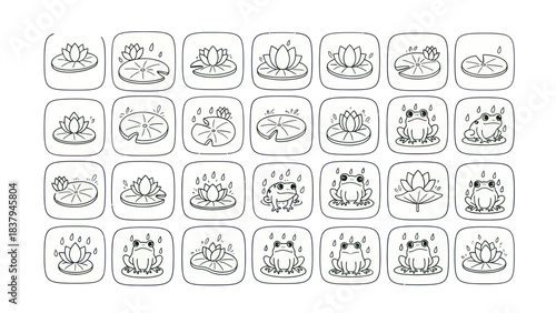 Black and white illustration of frogs with lily pads and raindrops