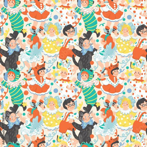 Festive children's costume masquerade. Girls in princess dresses, boys in animal costumes. Vintage vector retro wallpaper for wrapping paper. Christmas party pattern.