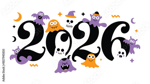 Halloween Celebration Design: A spooky yet inviting design, featuring ghosts, skulls, and eerie motifs that are artfully arranged in the numerical form 2026.