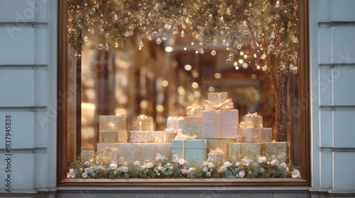 Fototapeta Naklejka Na Ścianę i Meble -  The image is of a window display in a store window. the window is decorated with a garland of fairy lights hanging from the ceiling.