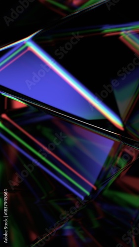 Abstract iridescent background, colorful reflections and refractions on glass surface, vertical orientation, 3d render