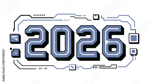 Technological Foresight: A stylized digital rendering of the year 2026, embedded within a futuristic circuit board design, represents a glimpse into the future.