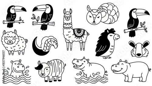 Black and white animal vector set toucan llama and other cartoon creatures