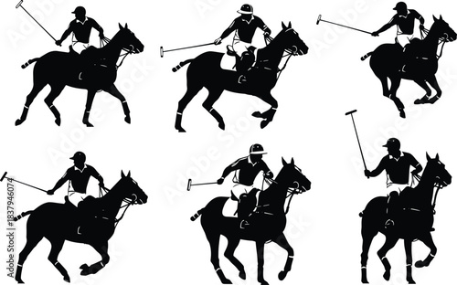 Silhouette, polo players, horse riding, mallet action, dynamic pose, sports illustration, equestrian game, team competition, black vector, athletic motion