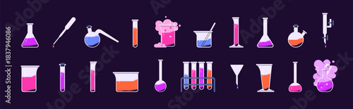 Different chemistry beakers set. Glass flasks and tubes for chemical experiments and laboratory tests. Various lab equipment: jars with liquids, reagents, pipettes. Flat isolated vector illustrations