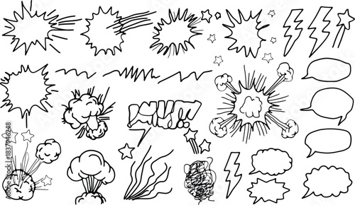A dynamic collection of various comic elements like explosions, speech bubbles, and bursts, perfect for adding energy to your creative projects