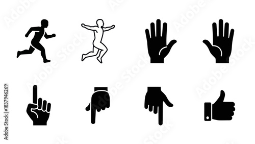 Black and white vector icons representing movement and hand gestures