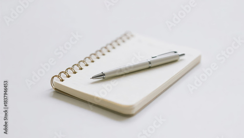 A spiral notebook with a metal pen rests on a light-toned background, conveying the simple and quiet atmosphere of writing and office scenes.