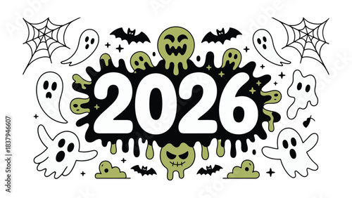 Halloween 2026 Illustration: Spooky design celebrating Halloween. Features ghostly figures and a 2026 centerpiece, conjuring an atmosphere of eerie fun.