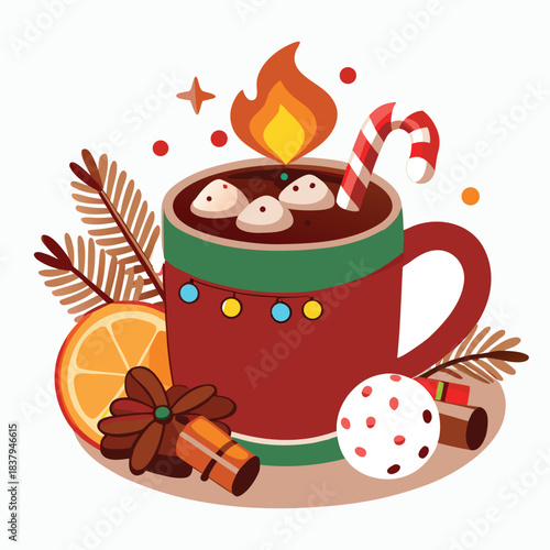 an illustration of a festive Christmas hot drink, likely hot chocolate or mulled wine, in a red mug