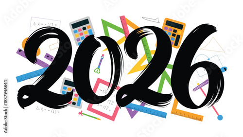 2026 Education Vision: A vibrant illustration showcasing the year 2026, set against a backdrop of school supplies, promising a future of learning and innovation.
