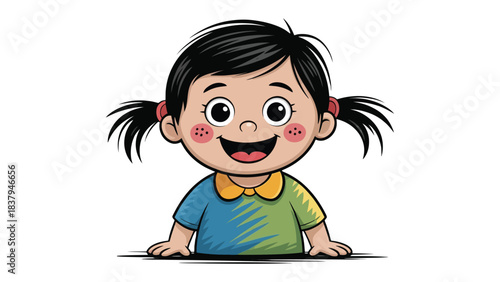 Cheerful Girl's Illustration: A charming illustration captures the essence of a girl's radiant smile, framed by delightful pigtails and a vivid, two-toned blouse.