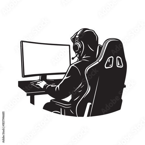 Gamer silhouette sitting at computer desk wearing headphones. Rear view of esports player or streamer vector illustration looking at monitor screen isolated on white background.
