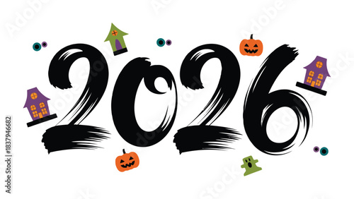 Countdown to the spooky fun: A playful and festive illustration with the numbers 2026, setting the scene for Halloween with its whimsical pumpkins, houses, and playful ghosts.