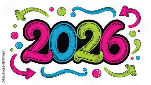 Year 2026 Typography: A vibrant and colorful design displaying the year 2026, incorporating playful elements that capture the imagination and symbolize the anticipation of the future.