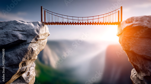 Wallpaper Mural Suspension bridge canyon sunrise sunlight cliff gap connection success growth financial Crossing suspension bridge over vast canyon at sunrise symbolizes financial growth and bold vision for 2026 Torontodigital.ca
