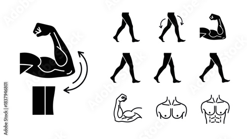 Black and white fitness icon set for workout and exercise illustrations