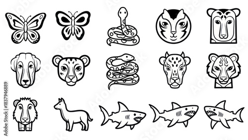 Black and white animal icons butterfly snake dog tiger shark lama vector