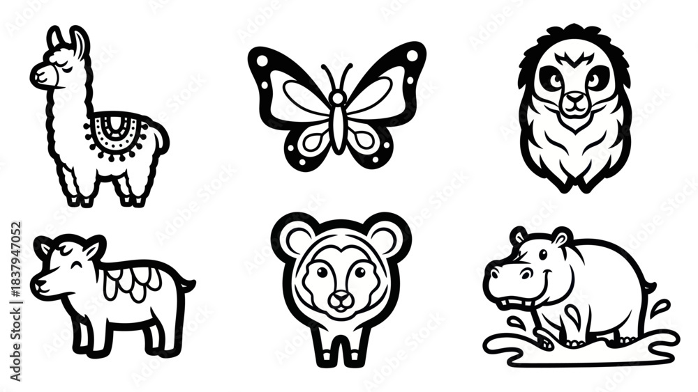 Obraz premium Black and white animal illustrations llama butterfly hedgehog goat monkey hippo