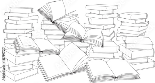A chaotic pile of open and closed books drawn with simple black lines on a white background open book