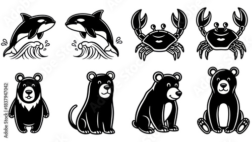 Black and white animal illustrations orca crab bear cartoon set