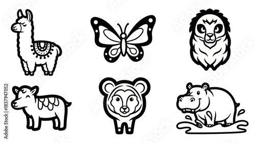 Black and white animal illustrations llama butterfly hedgehog goat monkey hippo