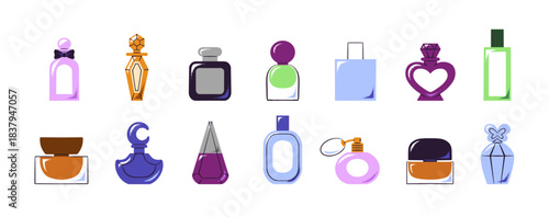 Set of different bottles of perfumes for men and women. Glass containers with pumps, various shapes for fragrances. Aroma beauty product. Flat isolated vector illustrations on white background