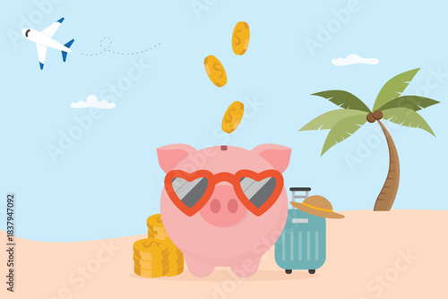 Piggy bank on tropical beach with suitcase, stacks of coin and airplane. Concepts saving money for traveling, financial management, vacation budget, travel jar, retirement investment vector illustrati