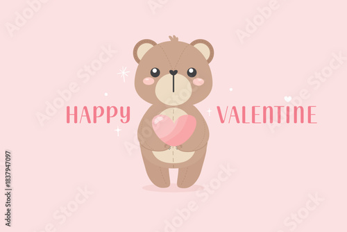 Cute bear hold heart balloon with pastel Happy Valentine on pink background. Adorable hand draw character for Valentine's day, invitation card, Valentine card. vector illustration flat design.