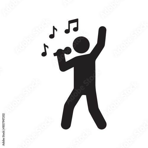 Singing person icon with microphone and musical notes. Silhouette vector illustration of a vocalist performing a song or karaoke isolated on white background.
